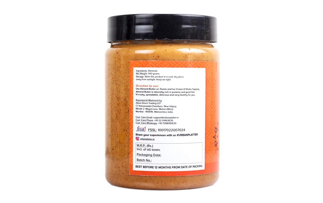 Urban Platter Unblanched Almond Butter    Plastic Jar  500 grams